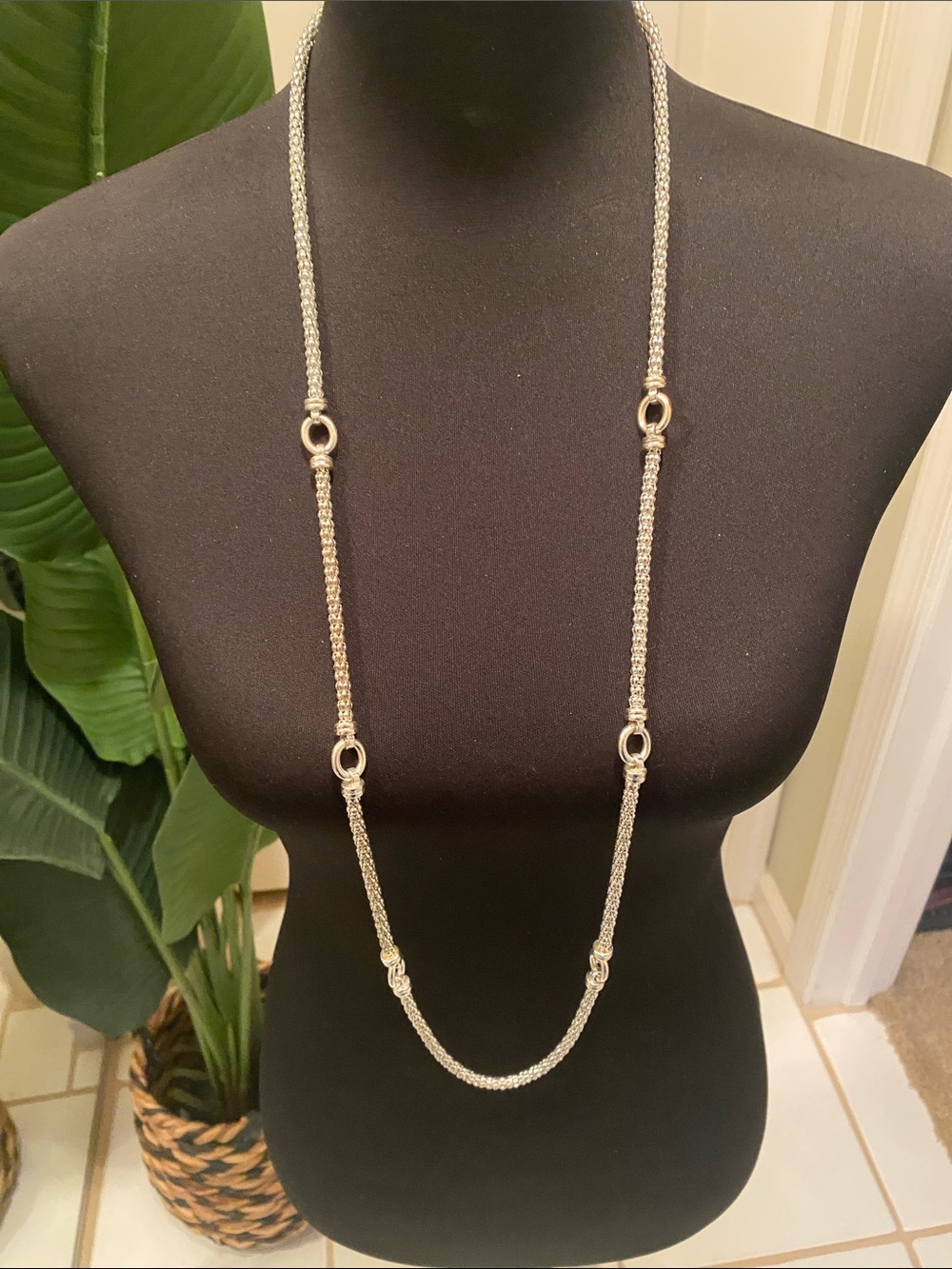 Anne Klein Silver-Tone Long Rope Necklace with Circular Link Accents